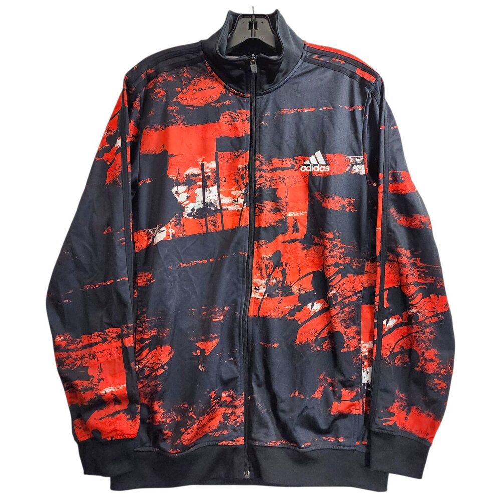 ADIDAS Jacket ESSENTIALS 3-STRIPES Men Large Black Red Abstract Track Athleisure